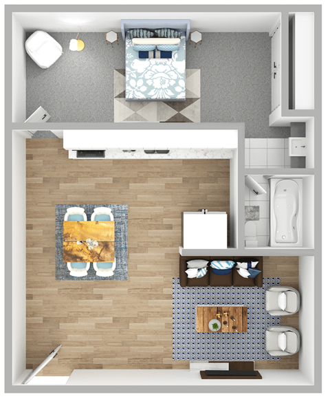 a stylized floor plan of a bedroom with a bathroom